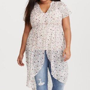 Torrid White Hi-Low Surplice Floral Tunic
